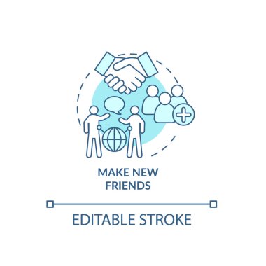 Yeni arkadaşlar mavi konsept simgesi yap. Yurtdışında yaşamaya alışmak soyut fikir ince çizgi çizimi. Yeni insanlarla tanış. Sosyalleşin ve birlikte takılın. Vektör izole edilmiş dış hat renk çizimi. Düzenlenebilir vuruş