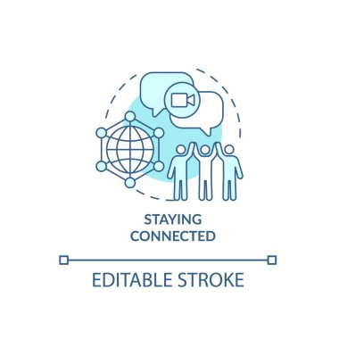 Bağlı kalan mavi konsept simgesi. Soyut fikirleri incelerken düşünülmesi gereken şeyler. İnternetten aileyle iletişim kur. Vektör izole edilmiş dış hat renk çizimi. Düzenlenebilir vuruş