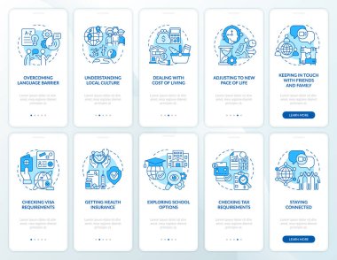 Mobil uygulama sayfa ekran seti üzerinde mavi ekspres. Yürüme çabaları ve 5 aşamalı grafik talimatları konseptlerle ayarlamak. UI, UX, doğrusal renk çizimleri olan GUI vektör şablonu