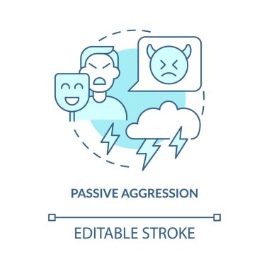 Dolaylı saldırganlık konsepti ikonu. Düşmanca niyetler. Hoşnutsuzluğu ve rahatsızlığı gizle. Sahte sakinlik soyut fikir ince çizgi çizimi. Vektör izole edilmiş dış hat renk çizimi. Düzenlenebilir vuruş