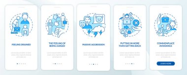 Mobil uygulama sayfası ekranında küfürlü çalışma ortamı. İş arkadaşı zehirlenmesi. Konseptlerle birlikte 5 aşamalı grafik talimatlar. UI, UX, doğrusal renk çizimleri olan GUI vektör şablonu