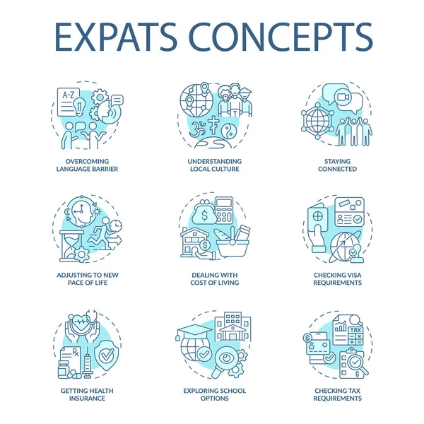 Expats Blue Concept Icons Set Emigration Idea Thin Line Color — Stock Vector