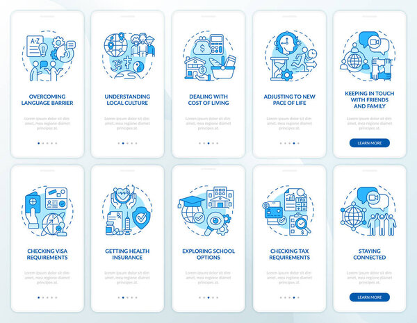 Expats blue onboarding mobile app page screen set. Struggles and adjusting walkthrough 5 steps graphic instructions with concepts. UI, UX, GUI vector template with linear color illustrations