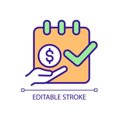 Beklenen ödeme tarihi RGB renk simgesi. Borcumu ödüyorum. Yaşam masrafları. Ödeme hatırlatması. Aylık taksitler. Öğrenci kredisi. İzole vektör çizimi. Basit bir çizgi çizimi. Düzenlenebilir vuruş