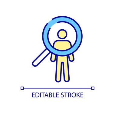 Hasta araştırması RGB renk simgesi. Birini arıyorum. Aranan adam. Tıbbi muayene ve check-up. Sağlık hizmetleri. İzole vektör çizimi. Basit bir çizgi çizimi. Düzenlenebilir vuruş