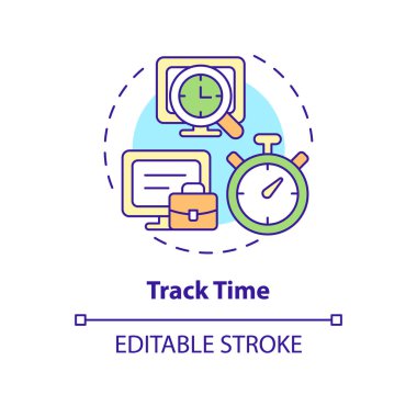 Parça zaman konsepti simgesi. Kontrol çalışma programı. Çevrimiçi gözetleme. Çalışan, soyut fikir ince çizgilerini inceliyor. Vektör izole edilmiş dış hat renk çizimi. Düzenlenebilir vuruş