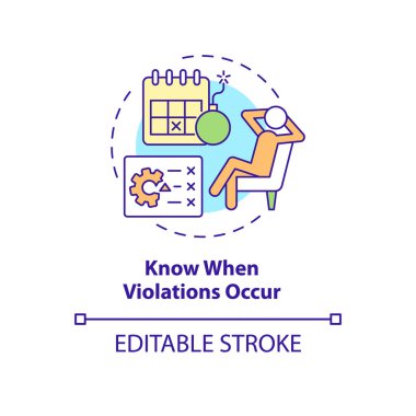 İhlallerin ne zaman konsept simgesi oluşturduğunu bil. İş yerindeki verimliliği takip etmek. Çalışan, soyut fikir ince çizgilerini inceliyor. Vektör izole edilmiş dış hat renk çizimi. Düzenlenebilir vuruş