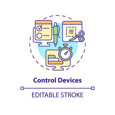 Kontrol aygıtları konsepti simgesi. İş performansını izlemek için gözetleme. Çalışan, soyut fikir ince çizgilerini inceliyor. Vektör izole edilmiş dış hat renk çizimi. Düzenlenebilir vuruş