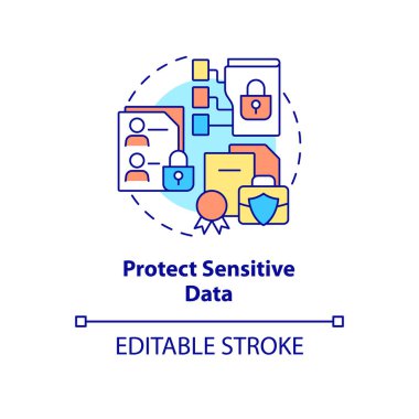 Hassas veri konsepti simgesini koru. İş bilgisinin güvenliğini sağlayın. Çalışan, soyut fikir ince çizgilerini inceliyor. Vektör izole edilmiş dış hat renk çizimi. Düzenlenebilir vuruş