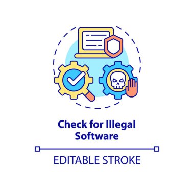 Yasa dışı yazılım konsepti simgesini kontrol et. Siber uzay güvenliği. Bilgisayar güvenliği. Çalışan, soyut fikir ince çizgilerini inceliyor. Vektör izole edilmiş dış hat renk çizimi. Düzenlenebilir vuruş