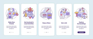 Yurtdışında yaşamaya alışmak mobil uygulama sayfası ekranında. Yurtdışına 5 adımda konseptlerle grafik talimatlar ile git. UI, UX, doğrusal renk çizimleri olan GUI vektör şablonu