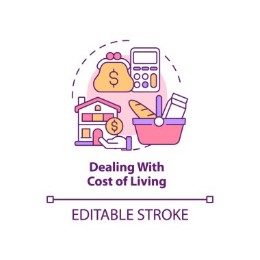 Yaşayan konsept ikonu maliyeti ile uğraşmak. Expats soyut fikir ince çizgi illüstrasyon mücadele. Kalacak yer için ödeme yapmak. Yurtdışında yaşamak için bütçe. Vektör izole edilmiş dış hat renk çizimi. Düzenlenebilir vuruş