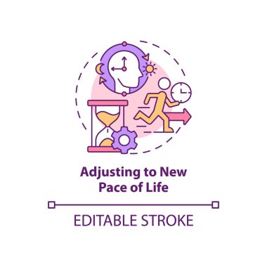 Yaşam konsept simgesinin yeni hızına ayak uyduruyorum. Keşifçiler soyut fikir ince çizgiler çiziyor. Yurtdışında uyum sağlamak. Günlük program. Vektör izole edilmiş dış hat renk çizimi. Düzenlenebilir vuruş