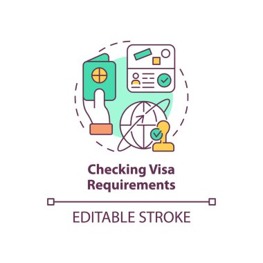 Vize gereksinimleri konsept simgesi kontrol ediliyor. Soyut fikirleri incelerken düşünülmesi gereken şeyler. Yurtdışında çalışmak için izin. Vektör izole edilmiş dış hat renk çizimi. Düzenlenebilir vuruş