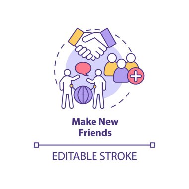 Yeni arkadaş kavramı simgesi oluştur. Yurtdışında yaşamaya alışmak soyut fikir ince çizgi çizimi. Yeni insanlarla tanış. Sosyalleşin ve birlikte takılın. Vektör izole edilmiş dış hat renk çizimi. Düzenlenebilir vuruş