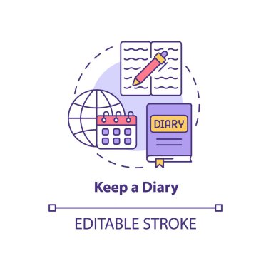 Günlük konsepti simgesi tut. Yurtdışında yaşamaya alışmak soyut fikir ince çizgili illüstrasyon. Kişisel günlük. Yeni izlenimler, deneyimler kaydetmek. Vektör izole edilmiş dış hat renk çizimi. Düzenlenebilir vuruş