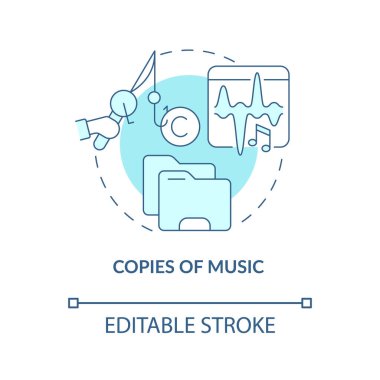 Müzik mavisi konsept ikonunun kopyaları. Yasadışı kopyalama soyut fikir ince çizgi çizimi. Yasa dışı olarak şarkı indiriyorum. Telif hakkı ihlali. Vektör izole edilmiş dış hat renk çizimi. Düzenlenebilir vuruş