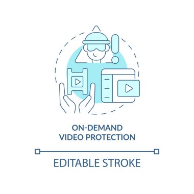 İstenilen video koruması mavi konsept ikonu. Korsanlıktan, soyut fikirlerden, ince çizgilerden korumak için. Telif hakkı saklı içeriği izlemek. Vektör izole edilmiş dış hat renk çizimi. Düzenlenebilir vuruş