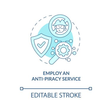 Korsanlık karşıtı mavi konsept ikonu kullanın. İçerik koruması soyut fikir ince çizgi çizimi. Korsan materyallerin izlenmesi. Vektör izole edilmiş dış hat renk çizimi. Düzenlenebilir vuruş