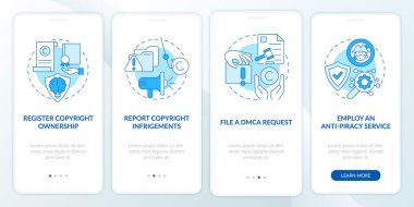 Gezici uygulama ekranında korsanlıktan korunma. İhlalleri bildirin. Kavramlarla birlikte dört aşamalı grafik talimatlar. UI, UX, doğrusal renk çizimleri olan GUI vektör şablonu