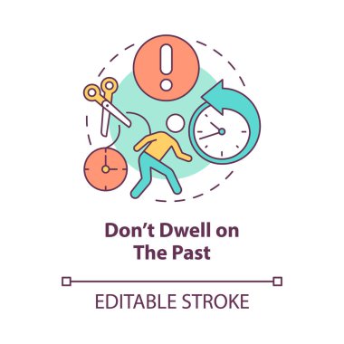 Geçmiş konsept ikonu üzerinde durma. Eski hataları hatırlamak. Olumsuz hafıza sorunu. Soyut fikri sabote eden ince çizgili bir çizim. Vektör izole edilmiş dış hat renk çizimi. Düzenlenebilir vuruş