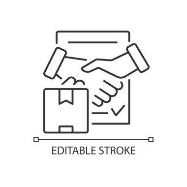 Sevkiyat sözleşmesi doğrusal simgesi. Uluslararası ticaret anlaşması, iş ve ortaklık. İnce çizgi özelleştirilebilir illüstrasyon. Contour sembolü. Vektör izole çizim. Düzenlenebilir vuruş