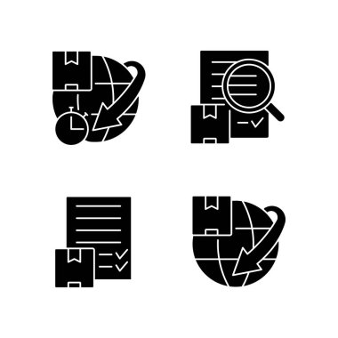 Uluslararası dağıtım servisi siyah simge simgeleri beyaz alana ayarlandı. Dünya çapında hızlandırılmış paketler. Küresel lojistik işi. Siluet sembolleri. Vektör izole illüstrasyonu