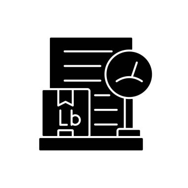 Uluslararası dağıtım listesi Lb siyah sembol simgesi. Yük ağırlığı ile ilgili kargo bilgileri. Ticaret ticaret belgesi. Beyaz uzayda siluet sembolü. Vektör izole illüstrasyonu