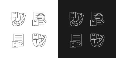 Uluslararası taşımacılık lineer simgeleri karanlık ve aydınlık moduna ayarlandı. İnternetten teslimat talebi. Kargo taşımacılığı teknolojisi. Özelleştirilebilir ince çizgi sembolleri. İzole vektör ana hatları çizimleri