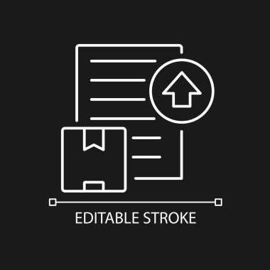 Karanlık tema için uluslararası sevkiyat lisansı beyaz doğrusal simge ihraç ediyor. Küresel ticaret belgesi. İnce çizgi özelleştirilebilir illüstrasyon. Gece modu için izole vektör kontur sembolü. Düzenlenebilir vuruş