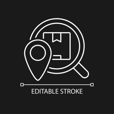 Karanlık tema için uluslararası sevkiyat izleme paketi beyaz doğrusal simgesi. Kargo teslimat servisi. İnce çizgi özelleştirilebilir illüstrasyon. Gece modu için izole vektör kontur sembolü. Düzenlenebilir vuruş