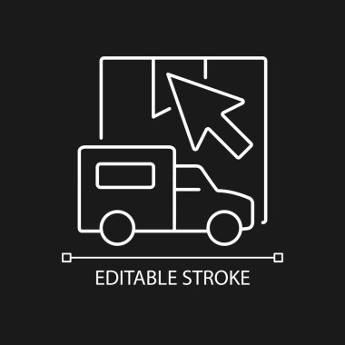 Karanlık tema için çevrimiçi gönderme isteği beyaz doğrusal simge. Dünya çapında güvenli siparişler alma servisi. İnce çizgi özelleştirilebilir illüstrasyon. Gece modu için izole vektör kontur sembolü. Düzenlenebilir vuruş