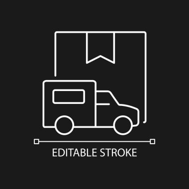 Karanlık tema için uluslararası kamyon yükü nakliye hizmeti beyaz doğrusal simgesi. Kamyonlarla teslimat. İnce çizgi özelleştirilebilir illüstrasyon. Gece modu için izole vektör kontur sembolü. Düzenlenebilir vuruş