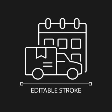 Karanlık tema için uluslararası sipariş takvimi beyaz doğrusal simge. Kargo teslimatı zamanında. İnce çizgi özelleştirilebilir illüstrasyon. Gece modu için izole vektör kontur sembolü. Düzenlenebilir vuruş