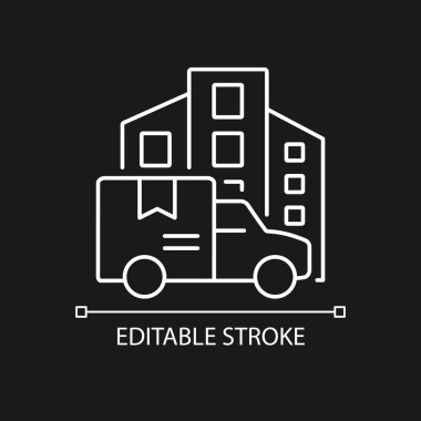 Karanlık tema için uluslararası kargo aracı şirketi beyaz doğrusal simge. Kargo sevkiyatı. İnce çizgi özelleştirilebilir illüstrasyon. Gece modu için izole vektör kontur sembolü. Düzenlenebilir vuruş