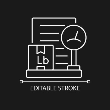 Karanlık tema için uluslararası dağıtım listesi Lb beyaz doğrusal simgesi. Kilo olarak kargo ağırlığı. İnce çizgi özelleştirilebilir illüstrasyon. Gece modu için izole vektör kontur sembolü. Düzenlenebilir vuruş