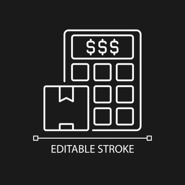 Karanlık tema için kargo maliyeti hesaplayıcı beyaz doğrusal simgesi. Teslimat bütçe servisi planlıyorum. İnce çizgi özelleştirilebilir illüstrasyon. Gece modu için izole vektör kontur sembolü. Düzenlenebilir vuruş