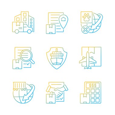 Uluslararası lojistik işletme gradyan doğrusal vektör simgeleri ayarlandı. Küresel ulaşım hizmeti. Profesyonel teslimat. İnce çizgili sembol demetleri. İzole edilmiş taslak illüstrasyon koleksiyonu