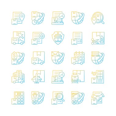 Uluslararası kargo işi gradyan doğrusal vektör simgeleri ayarlandı. Dünya çapında kargo, paket ve posta teslimatı. İnce çizgili sembol demetleri. İzole edilmiş taslak illüstrasyon koleksiyonu