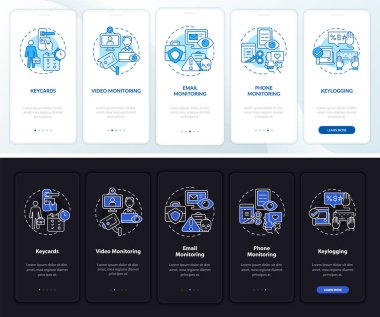 Çalışan izleme tipleri koyu renkli, aydınlık mobil uygulama sayfası ekranı. Konseptlerle birlikte 5 aşamalı grafik talimatları gözden geçir. UI, UX, GUI vektör şablonu ile gece ve gündüz kip çizimleri