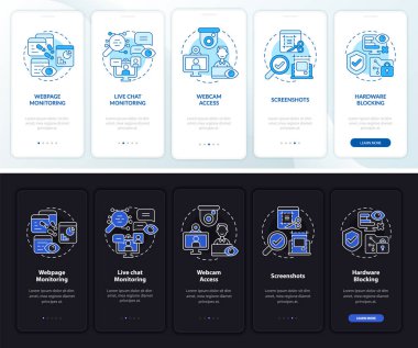Çalışan izleme yazılımı karanlık, seyyar uygulama ekranında ışık var. Kavramlarla birlikte 5 adım grafik talimatlarını incele. UI, UX, GUI vektör şablonu ile gece ve gündüz kip illüstrasyonu