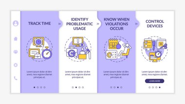 Personelin vektör şablonunu izlemesinin faydaları. Simgeli ilgili mobil web sitesi. Web sayfasında 4 basamaklı ekranlar. Doğrusal çizimler ile renk izleme kavramını çalıştır