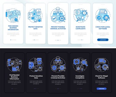 Gözetleme yasallığı karanlık, seyyar uygulama ekranında ışık var. Konseptlerle birlikte 5 aşamalı grafik talimatları kontrol et. UI, UX, GUI vektör şablonu ile gece ve gündüz kip çizimleri