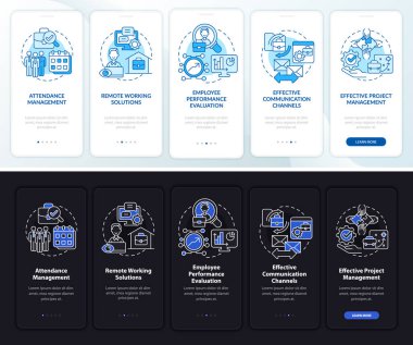 Çalışan izleme profesyonelleri karanlık, aydınlık mobil uygulama sayfası ekranı. Konseptlerle birlikte 5 aşamalı grafik talimatları gözden geçir. UI, UX, GUI vektör şablonu ile gece ve gündüz kip çizimleri