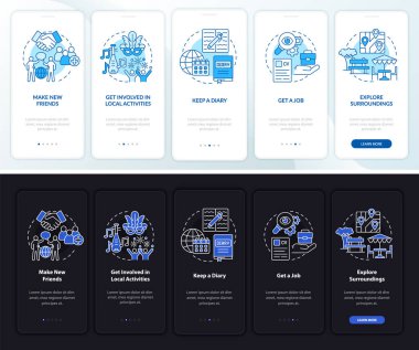 Yurtdışında yaşamaya alışmak karanlık, aydınlık seyyar uygulama sayfası ekranı. Kavramlarla birlikte 5 aşamalı grafik talimatlar. UI, UX, GUI vektör şablonu doğrusal gece ve gündüz kip çizimleri