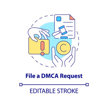 Dosya DMCA konsept simgesi talep ediyor. İçerik koruması soyut fikir ince çizgi çizimi. Korsan materyal ele geçirme işlemi. Yasal yükümlülük. Vektör izole edilmiş dış hat renk çizimi. Düzenlenebilir vuruş
