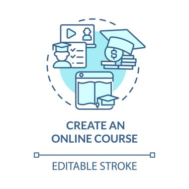 Çevrimiçi kurs mavi konsept simgesi oluştur. İnternette soyut fikir çizimi yaparak para kazanmanın yolu. Eğitim içeriği ve kaynakları. Vektör izole edilmiş dış hat renk çizimi. Düzenlenebilir vuruş