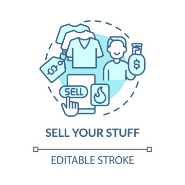 Mavi konsept ikonunu sat. Çevrimiçi para kazanma yöntemi soyut fikir ince çizgi çizimi. Kullanılmış eşyalar satmak. Çevrimiçi pazar yeri. Vektör izole edilmiş dış hat renk çizimi. Düzenlenebilir vuruş