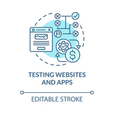 Web siteleri ve uygulamalar mavi konsept simgesi test ediliyor. Çevrimiçi para kazanmak soyut fikirlere yaklaşmak ince çizgi çizimi. Sitelerin işlevselliğini kontrol ediyorum. Vektör izole edilmiş dış hat renk çizimi. Düzenlenebilir vuruş