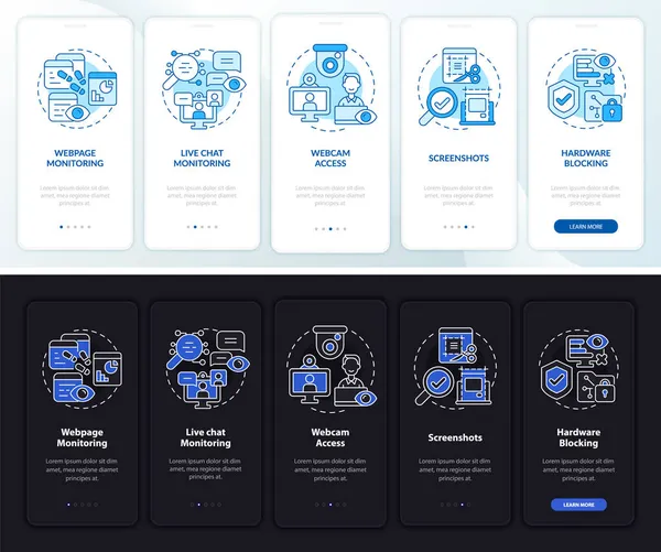 Mitarbeiter Monitoring Software Dunkel Hell Onboarding Mobile App Seite Bildschirm — Stockvektor